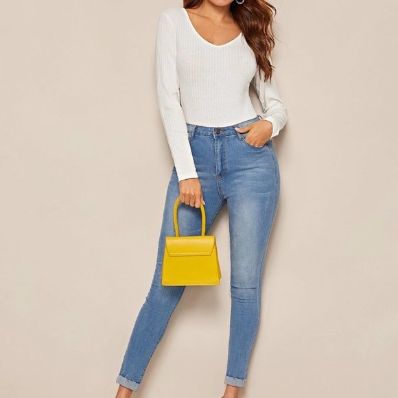 Cotton WHITE RIBBED KNIT TOP Long Sleeve TEE Ribbed LS T-Shirt Deep V Neck NEW - Picture 7 of 8